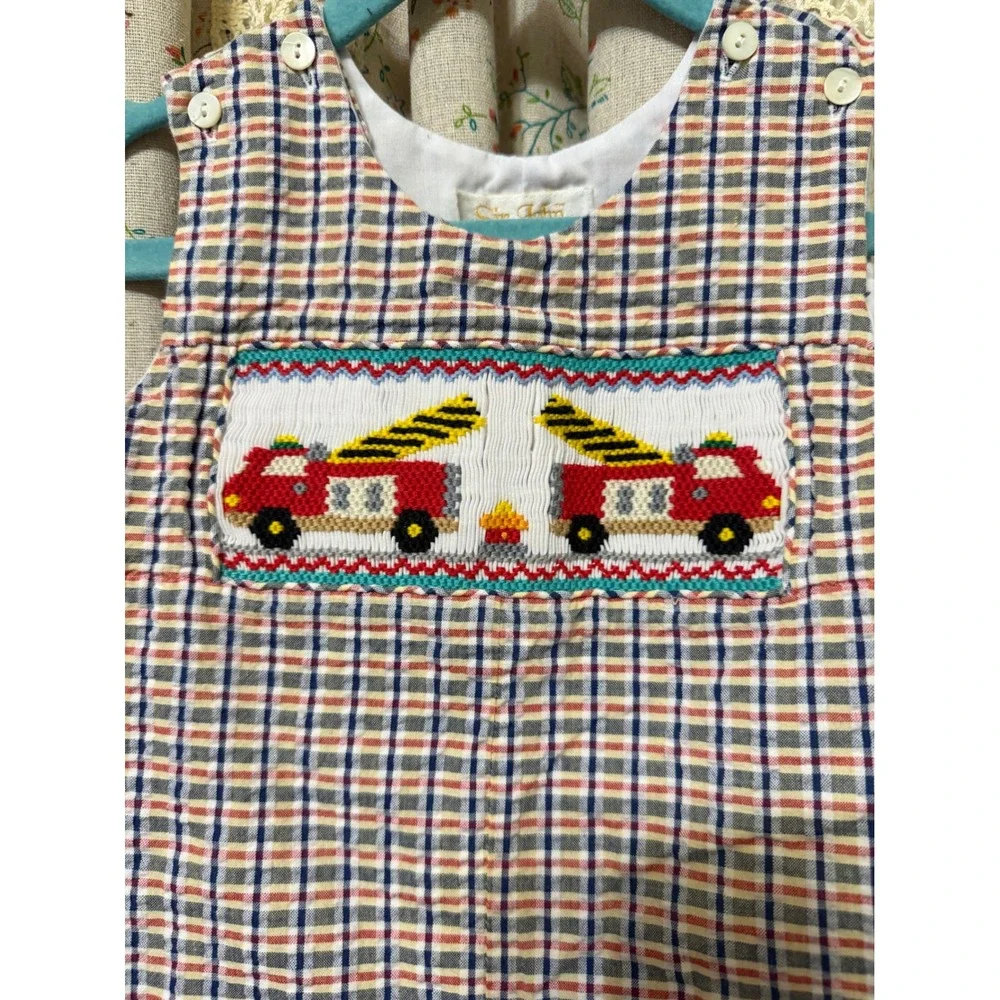 Sir John by Rosalina Baby Boy 12M Smocked Fire Truck Plaid Jon Jon Shortall